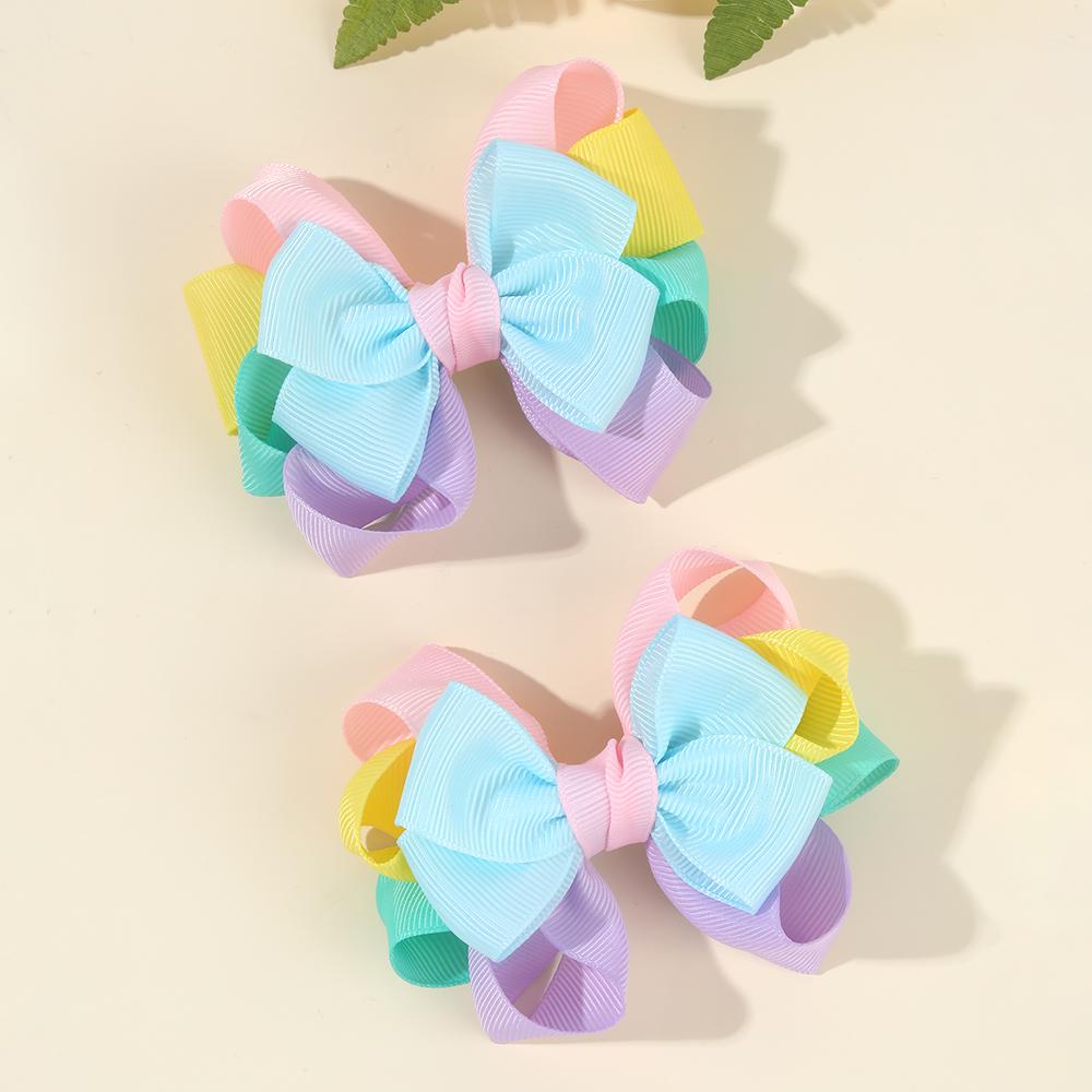 2Pcs Trendy Patchwork Bow Hair Clips Ribbon Colour Hairpins Barrettes With Unique Design Kids Girl Hair Accessories Headwear