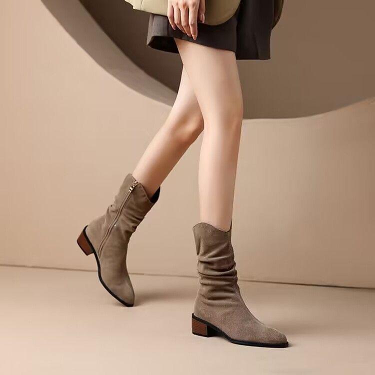 Women's 2025 French Retro Pointed Toe Mid-Calf Boots - Autumn/Winter Soft Suede Leather, Chunky Heel, Non-Slip