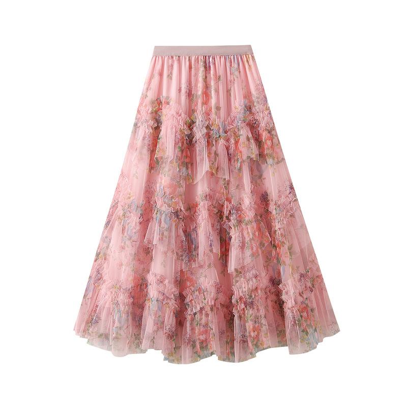 Women's Maxi Tulle Skirts Flowy Ruffle High Waisted Tiered Layered Mesh Tutu Skirt for Women A Line Fairy Tiered Skirt Midi Elastic Waist Long Skirt