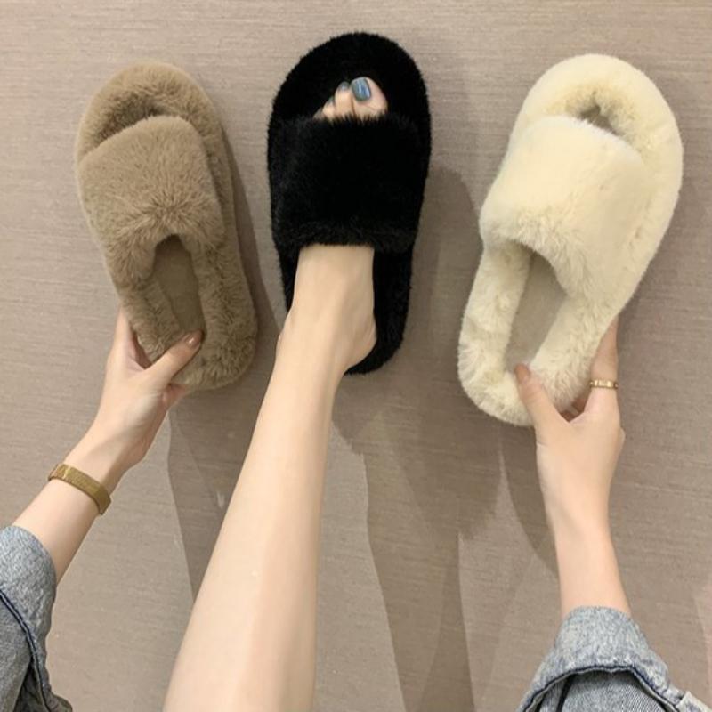 Thick Bottom Fur Slippers for Autumn and Winter, Rabbit Fur for Home and Outdoor Wear, Warm Plush Slippers