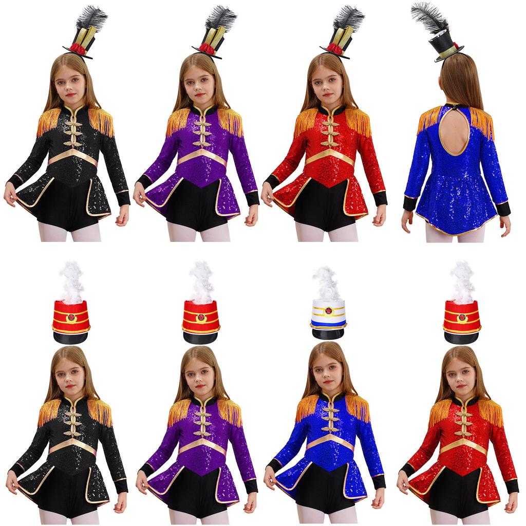Girls Circus Drummer Costume Long Sleeve Sequined Bodysuit Fringe Epaulet Shoulder Mini Top Hat Accessory