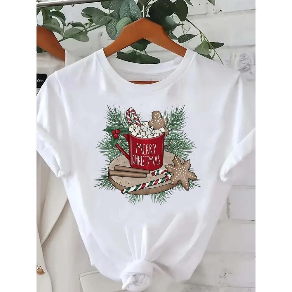 Printed Fashion New Year Women's T-shirt Top Merry Christmas Clothing Coffee Love Cute Holiday Pattern Round Neck Short Sleeve