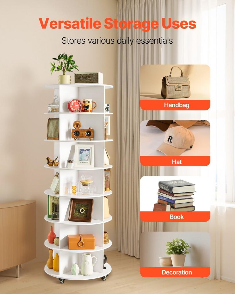 7 Tiers Rotating Shoe Rack Tower with Wheels, Movable 360° Spinning Carousel Display, Lazy Susan Organizer Closet Shelf for Living Room, Entryway,