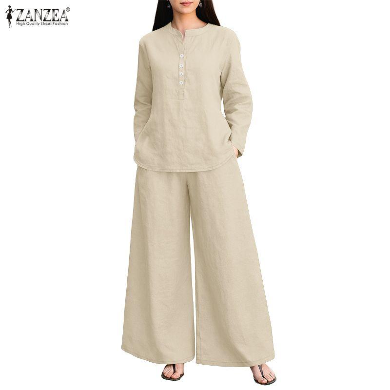 ZANZEA Women Long Sleeve Blouse and Pants Casual Two Piece Suit Sets