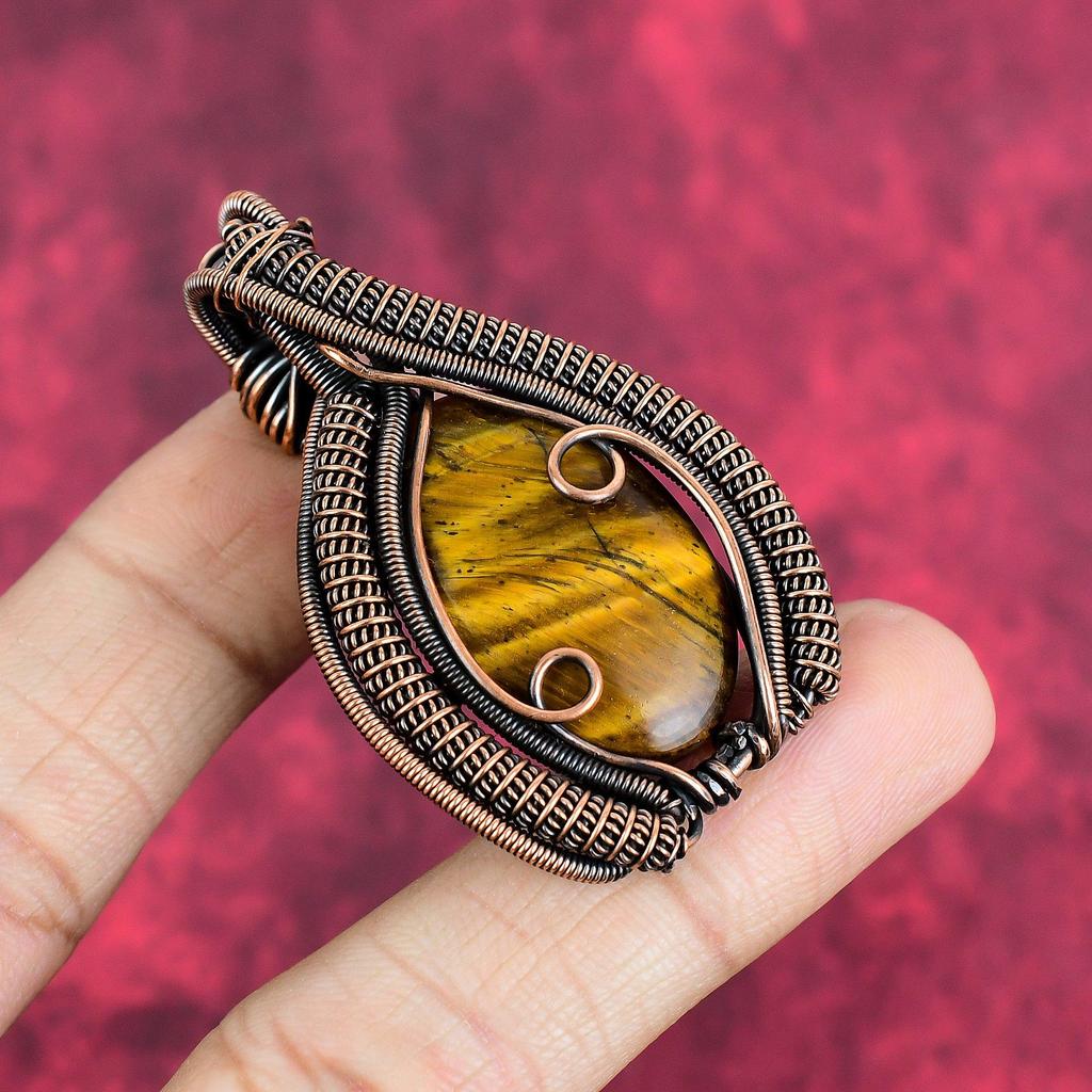 Tiger's Eye Gemstone Pendant Copper Wire Wrapped Pendant Handmade Pendant Healing Stone Pendant Copper Wire Wrapped Jewelry Gifts for Friend