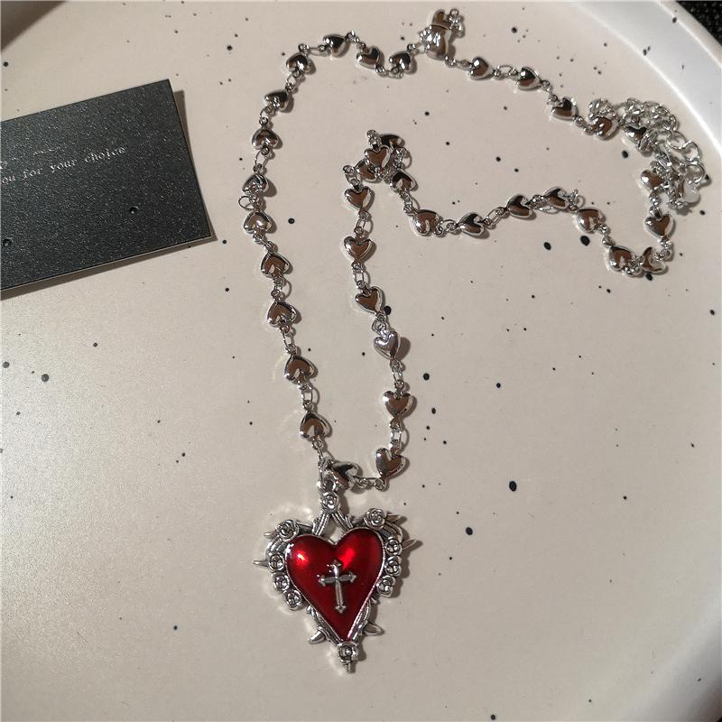 Gothic Red Cross Thorn Heart Butterfly Pendant Choker Black Bead Necklace Personalized Y2K Halloween Charms Grunge EMO Jewelry