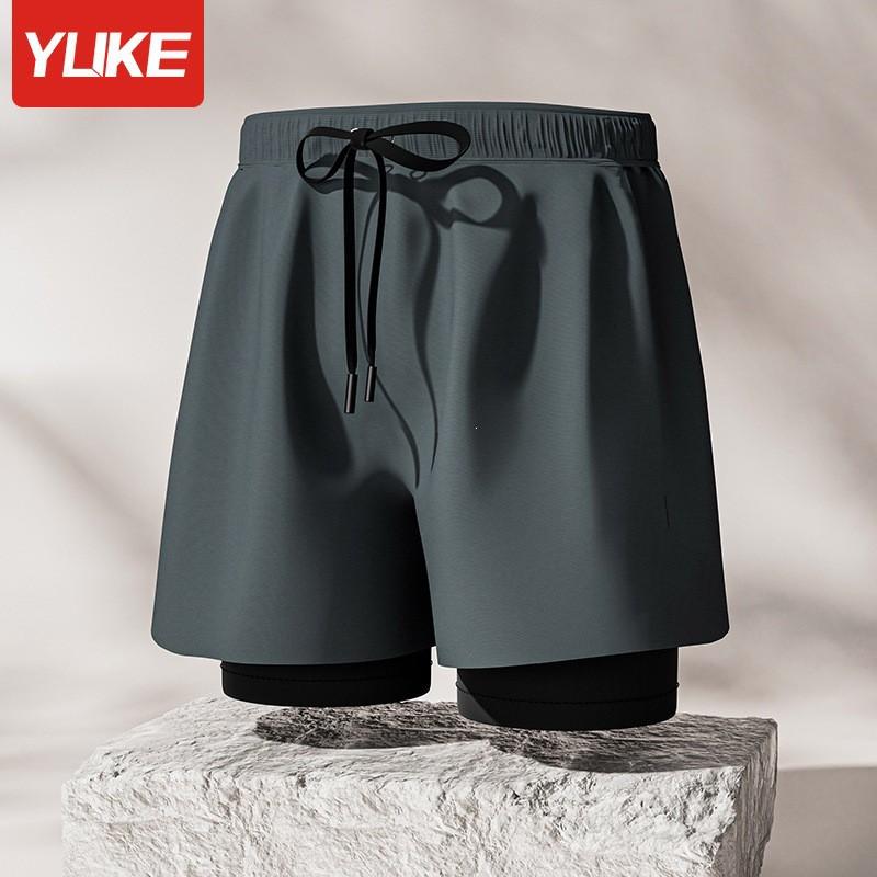 Mens Double-Layered Board Shorts Swim Trunks Beach Swimming Surfing Quick-Dry Anti-Chafe Athletic Swimwear