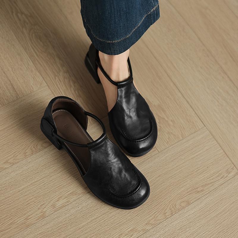 Fashion NEW Summer Women Sandals Genuine Leather Shoes for Women Round Toe Low Heel Shoes Soft Daily Shoes Cover Toe Cover Heel Sandals