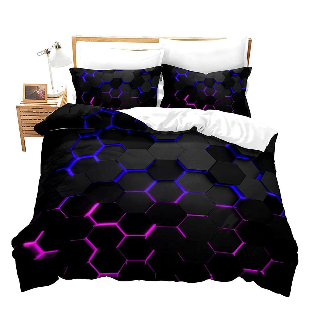 Pink Blue Neon Light Three-Piece Quilt Cover Digital Printing Bedding Set Honeycomb Bed Cover