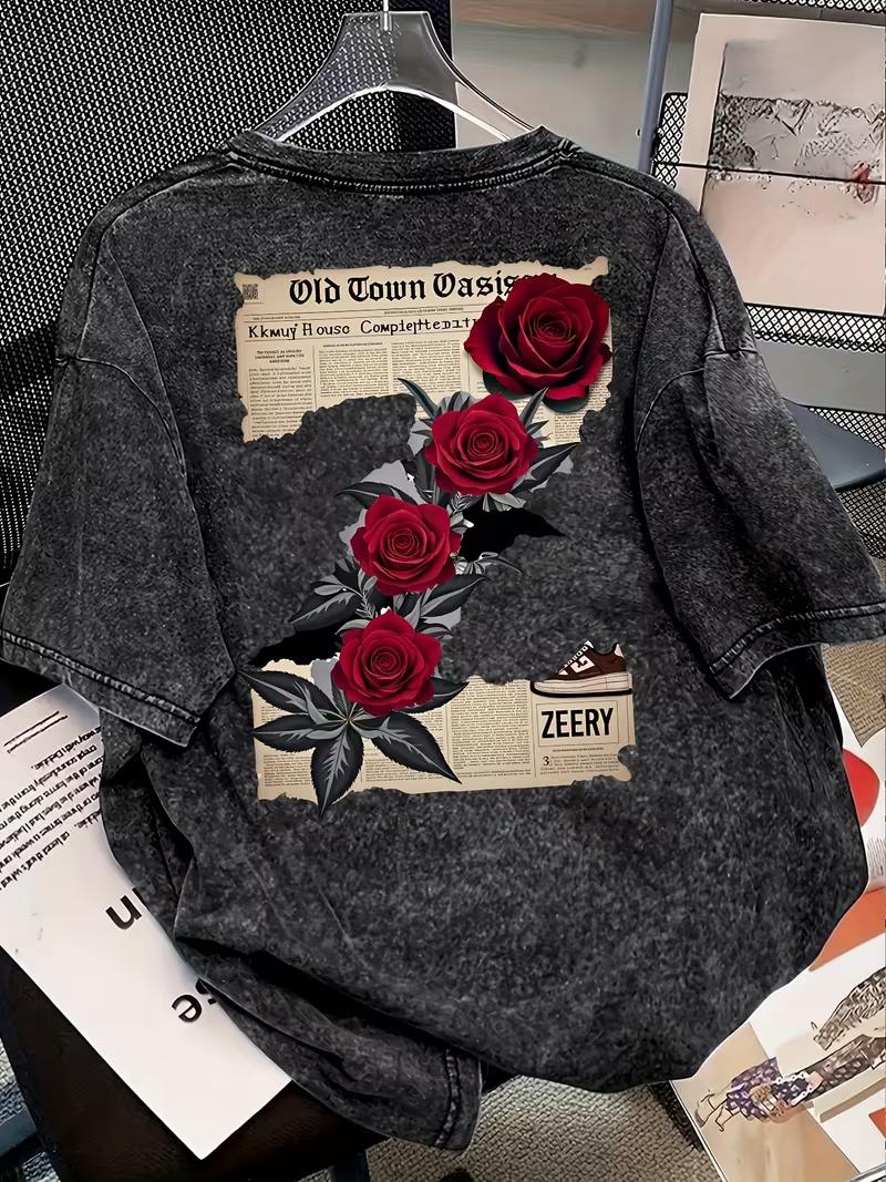 

Vintage Washed Black Newspaper Red Rose Print TShirt Distressed Gothic Floral Newspaper Tee Casual Loose Fit YK Short Sleeved S