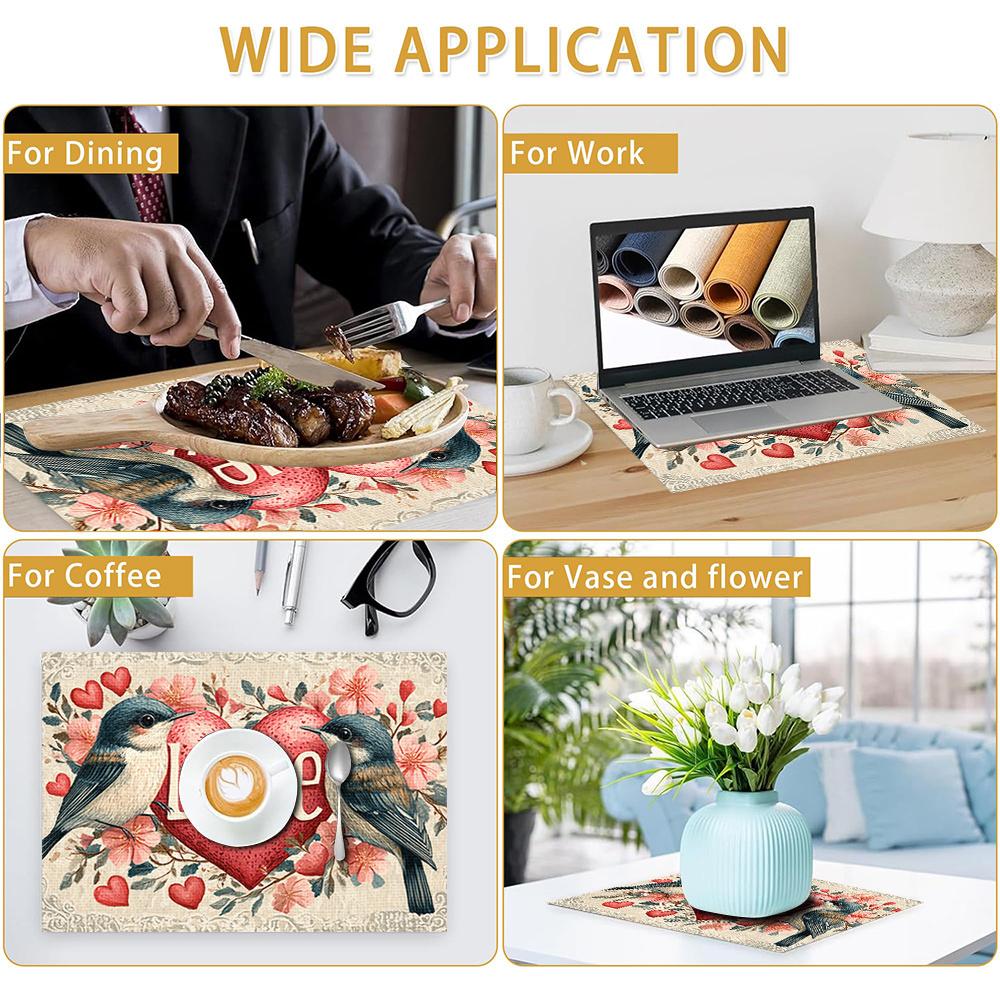 1pc/4pcs/6pcs Valentine's Day Heart Bird Placemats Suitable for Dining Table Decorations, Machine-Washable Rectangular