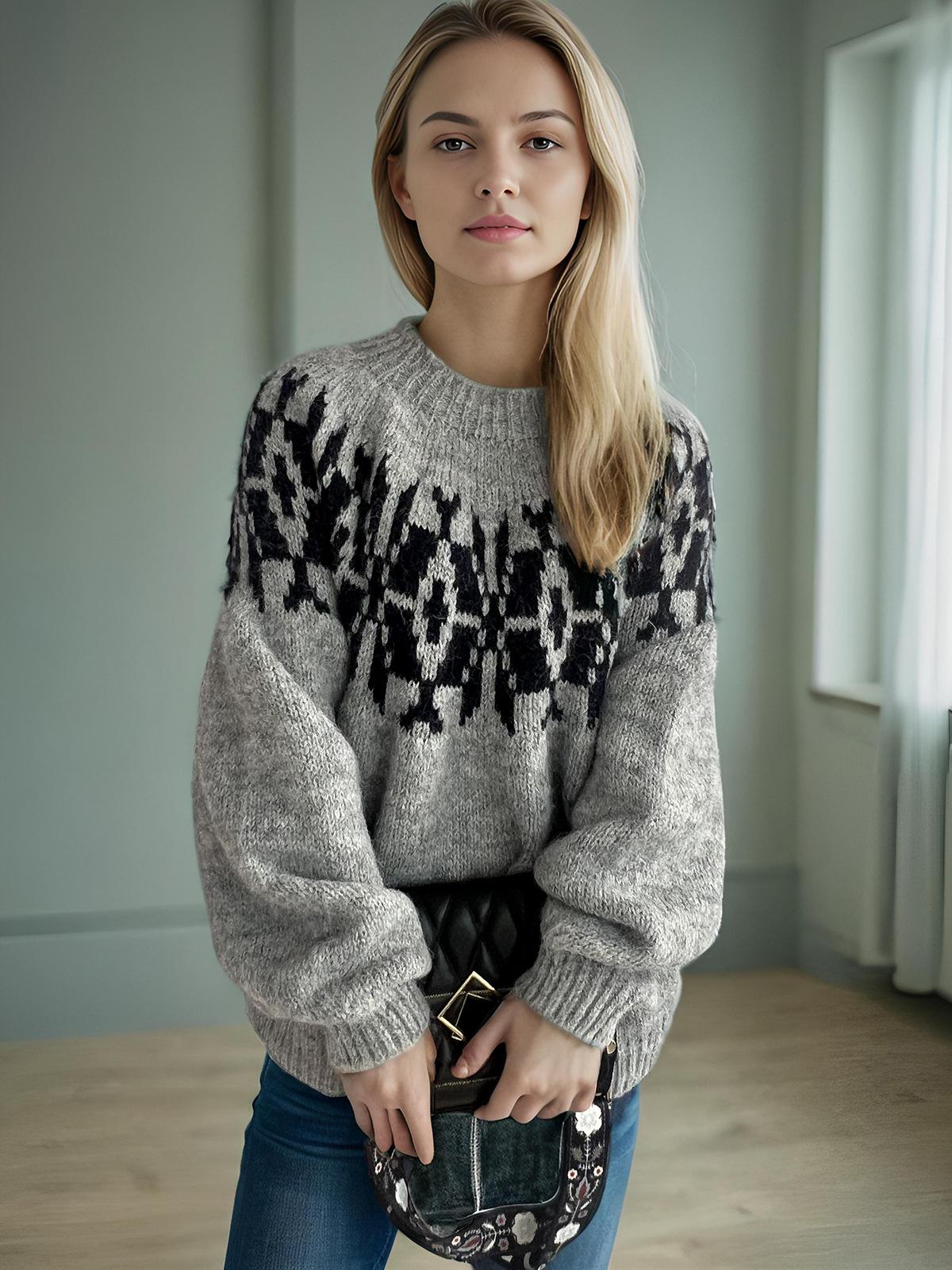 

New retro jacquard sweater for women s wish hot selling round neck color blocked loose pullover knitted sweater for women 3532 L сірий колір