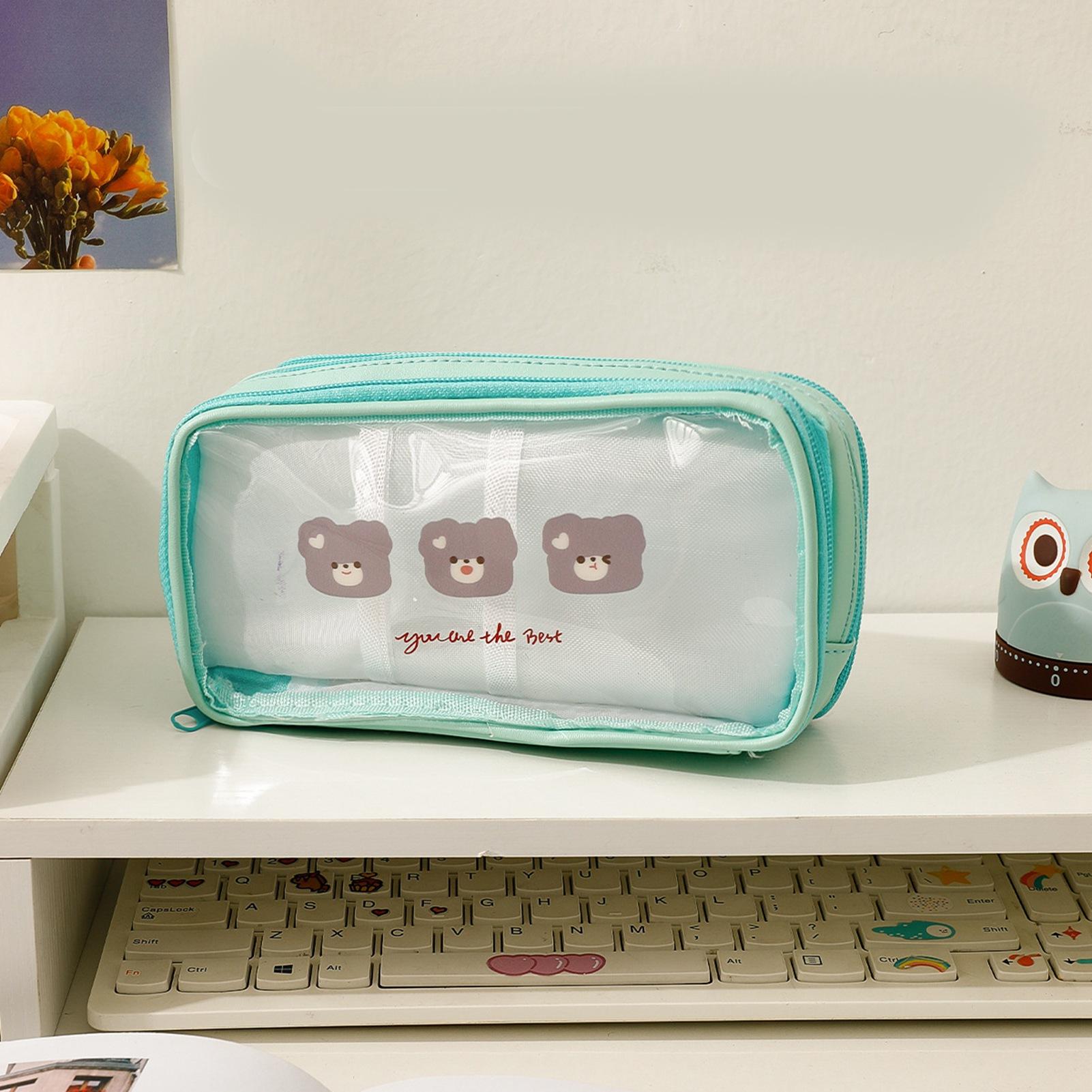 

Прозрачный пенал Милый мультяшный узор Большая вместимость Водонепроницаемый ПВХ пенал для ручек Хранение карандашей зелёный