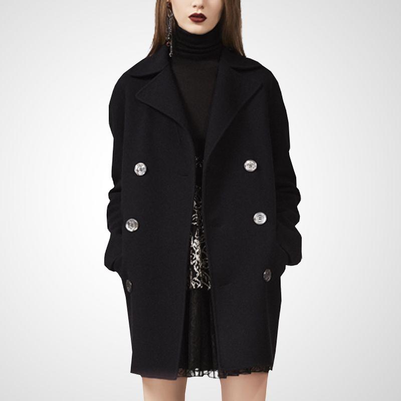 

Mid-Length Autumn and Winter Loose Chic Woolen Lady Outwear Black S