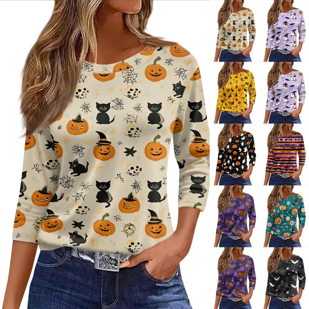Womens Casual Loose Fit Halloween Print T Shirt Round Neck Three Quarter Sleeve Blouse Comfortable Everyday Wear