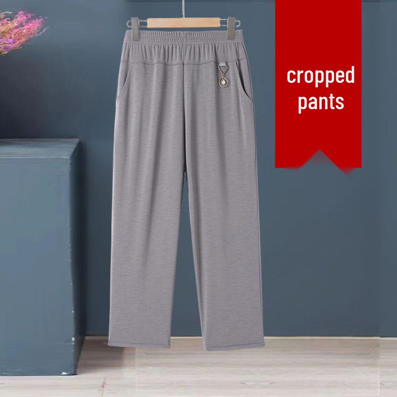 

Mom s High Waist Elastic Summer Pants - Plus Size, Straight Leg, Eight-Point Length for Middle-Aged & Elderly Women XL [75-100 kg] серый