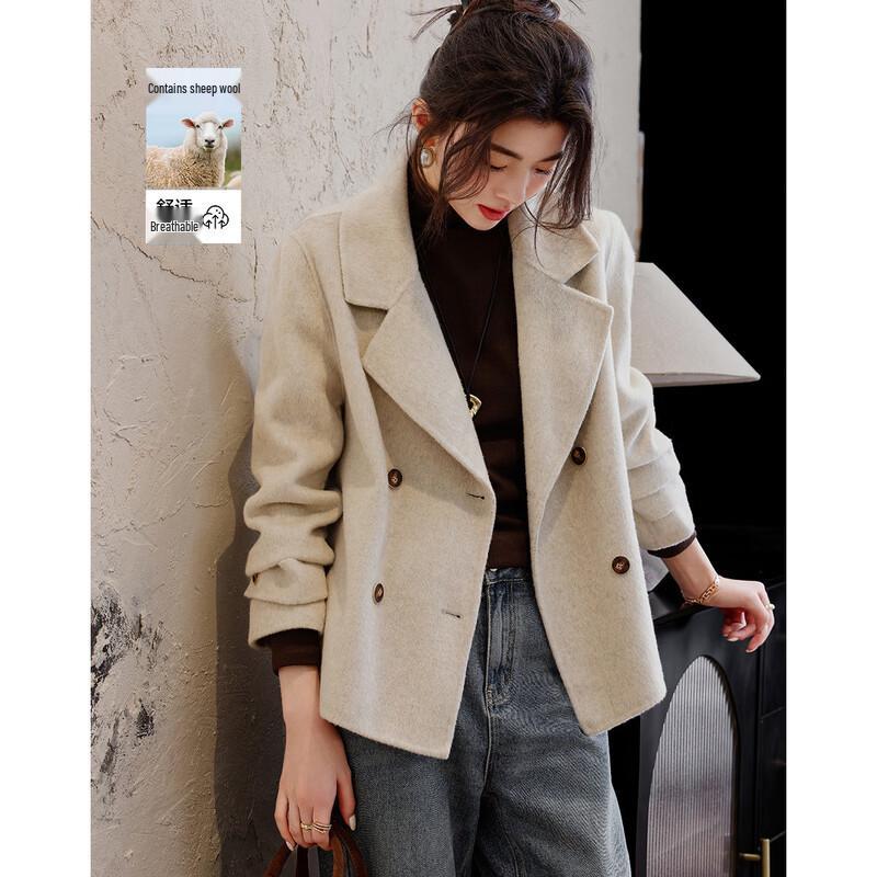 De Mana Women s Winter Double-Faced Wool Blend Lapel Short Coat L