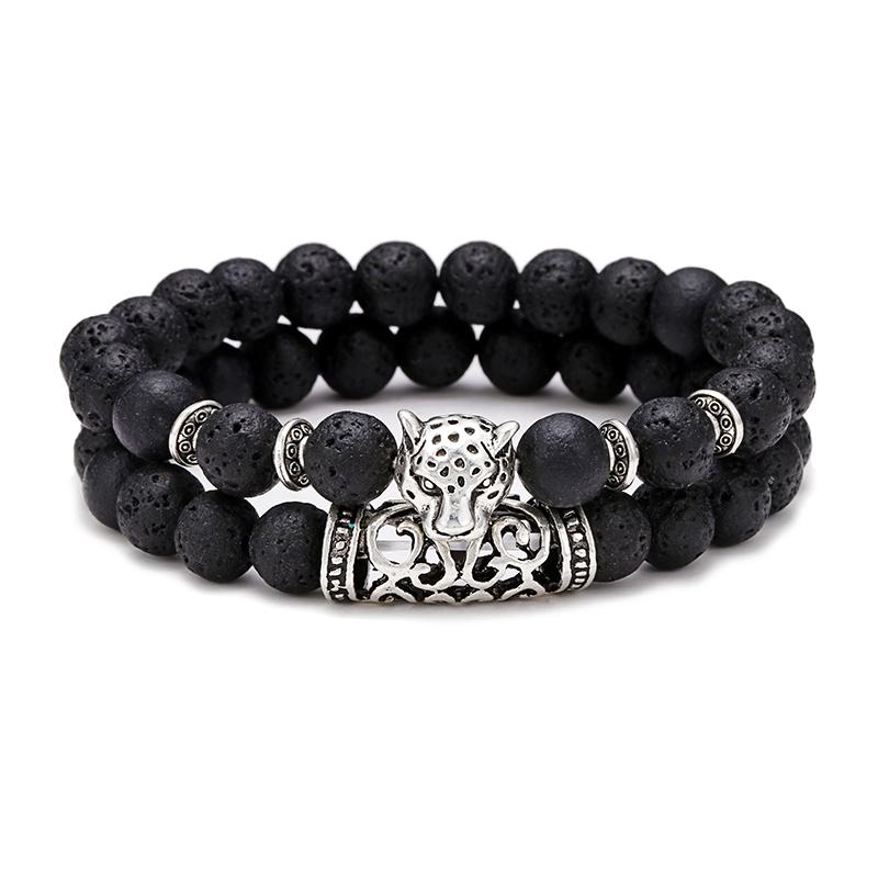 

Unique 2Pcs Men Bracelet Set Natural Lava Stone Braslet Antique Leopard Animal Braclet Tiger Bead Brazalete Leisure Accessories лавовий