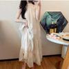 French Retro Apricot Embroidered Sleeveless Off-Shoulder Maxi Dress