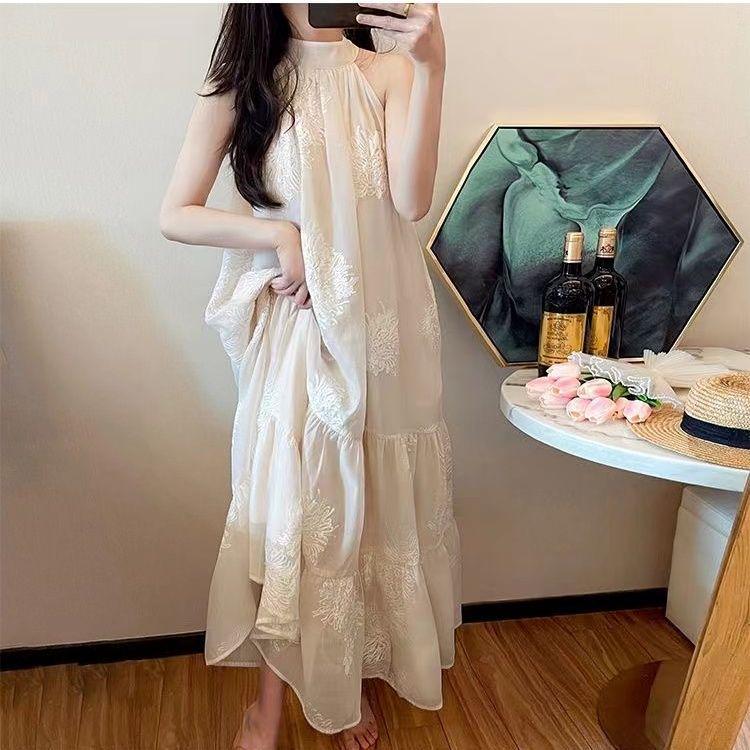 French Retro Apricot Embroidered Sleeveless Off-Shoulder Maxi Dress