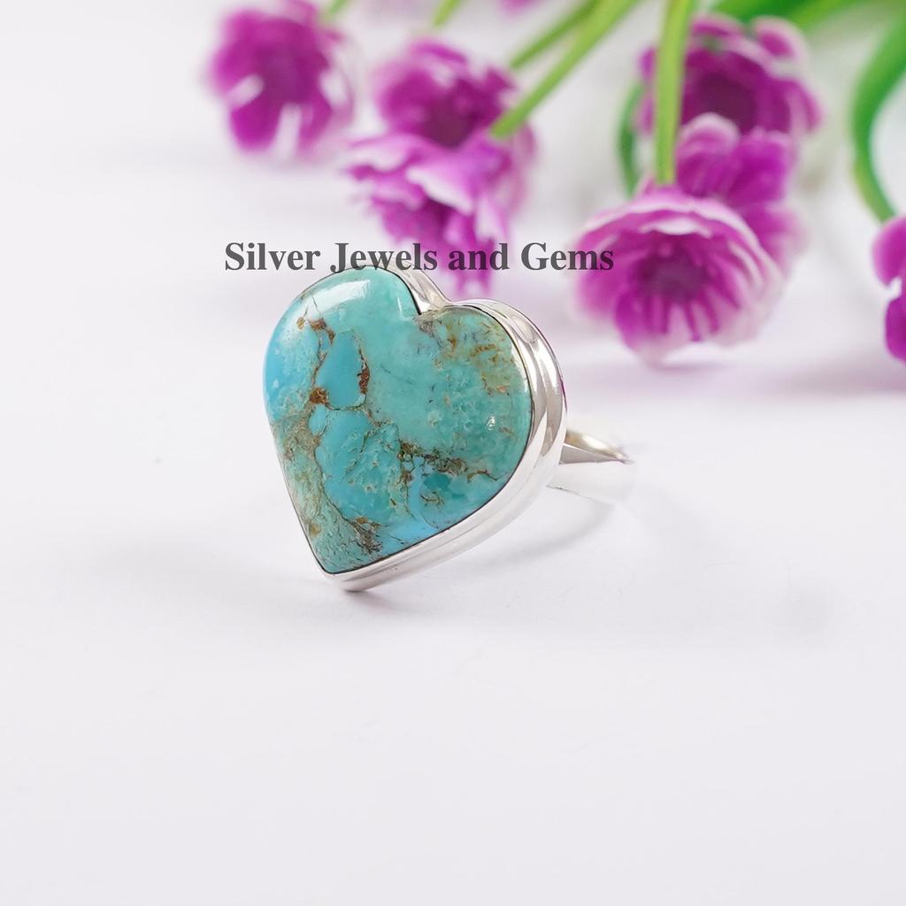 Natural Turquoise Ring, Heart Ring, Handmade 925 Sterling Silver Ring, Arizona Turquoise Ring, December Birthstone Ring, Gift for girlfriend