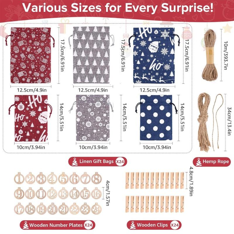 

24pcs/set Christmas Gift Bag Set Linen Drawstring Bag Christmas Arrival Calendar Countdown Christmas Candy Bag Cloth Festive as look in picture