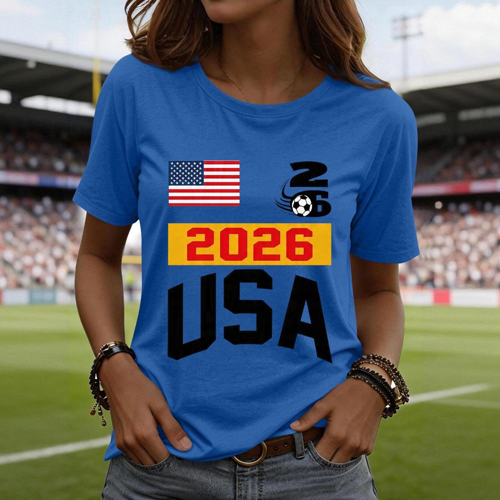 Women's Casual Short Sleeve T-Shirt Fashion Soccer World Cup Printed Crew Neck Top Lightweight Comfortable Fit USA 2026 Design