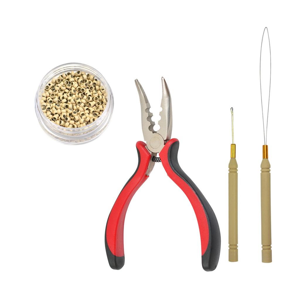 Kit de instrumente pentru extensii de păr 1000 buc micro-inele margele + 1 buc ac cârlig de tragere + 1 clește de păr cu vârf în I cu 3 găuri
