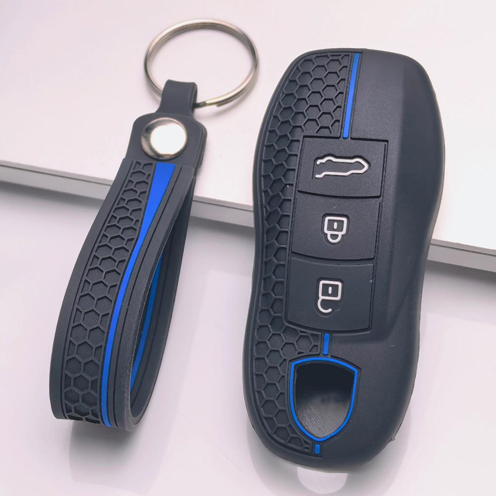 Silicone Car Key Fob Cover for Porsche Taycan 718 Spyder GT3 RS Boxster Cayman with Keychain Honeycomb Texture Racing Stripe Key Shell Accessory
