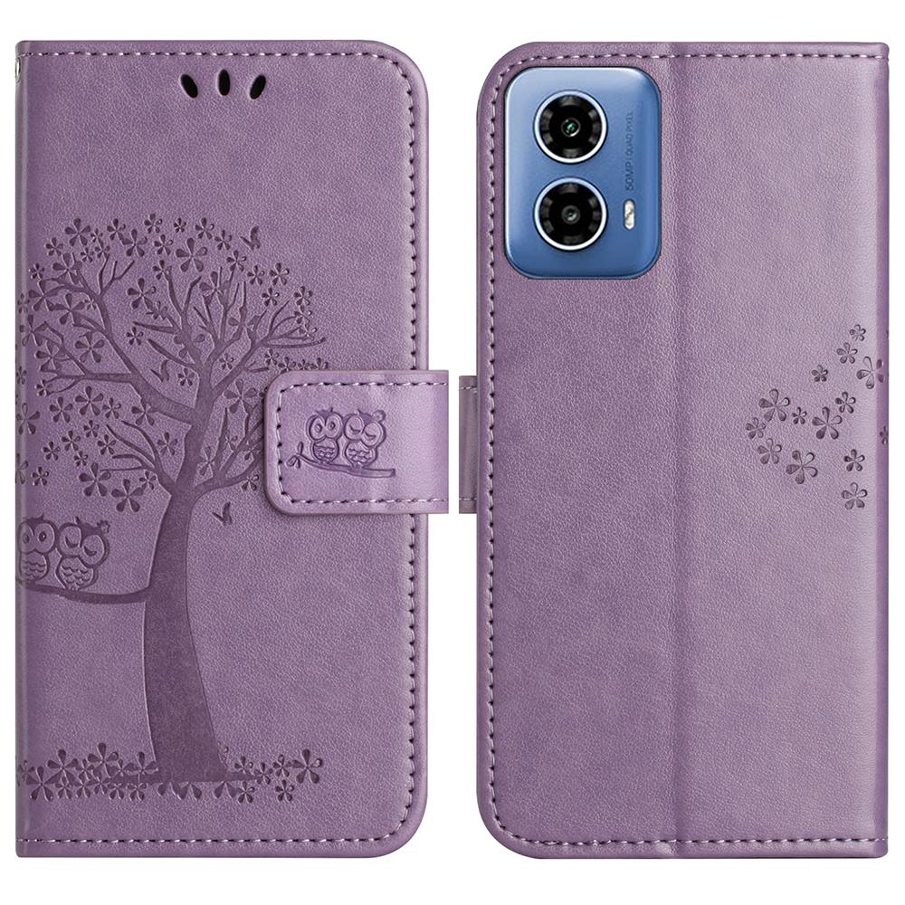 For Motorola Moto G35 5G Case PU Leather Owl Tree Imprinted Wallet Phone Cover