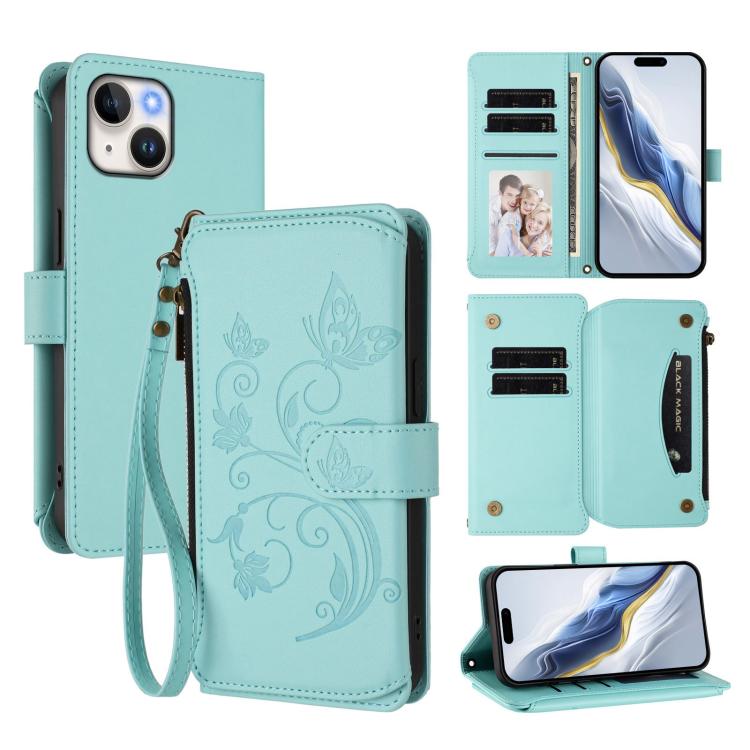 Butterfly Love Flower Multi-card Zipper Wallet Leather Phone Case