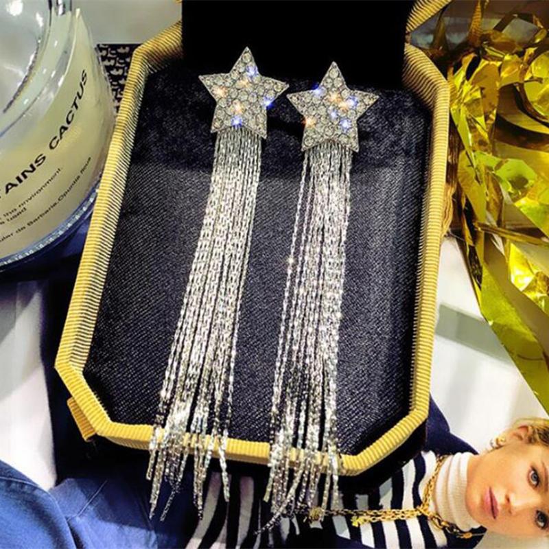 Pentagram Tassel Earrings Full Of Diamonds Pentagram Earrings Long Earrings Simple And Versatile