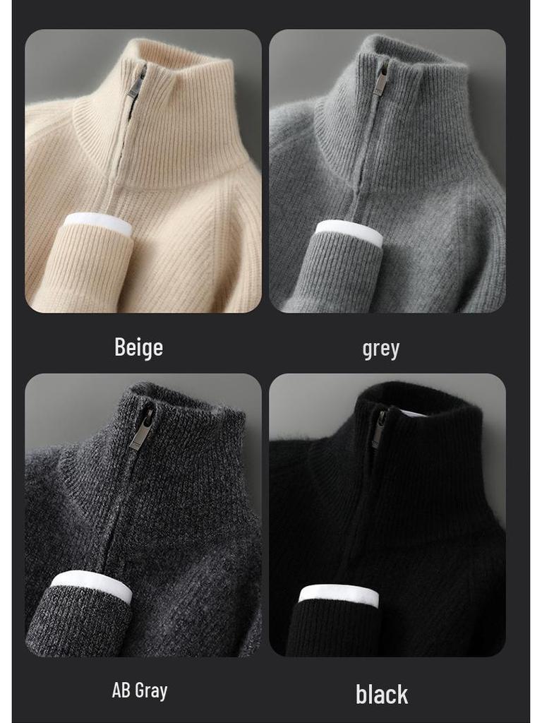 Herren-Cardigan-Pullover aus reiner Wolle mit hohem Kragen und Reißverschluss - Herbst/Winter Dick gestrickt, einfarbig