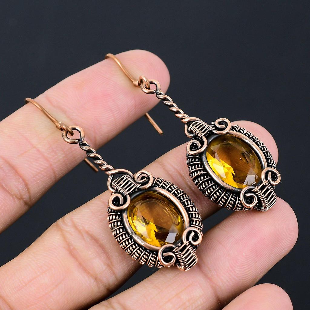 Citrine Gemstone Handmade Pure Copper Wire Wrapped Earrings Jewelry For Memorial Day