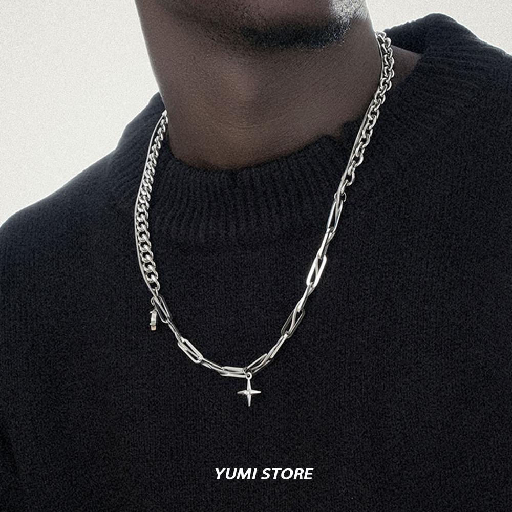 Unisex Punk Hop Hip Cross Star Pendant Necklace Titanium Steel Clavicle Chain Luxury Choker for Man Woman
