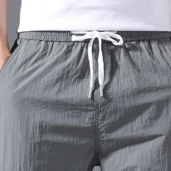 Men Pants Solid Color Drawstring Summer Ankle Tied Pockets Trousers for Sports