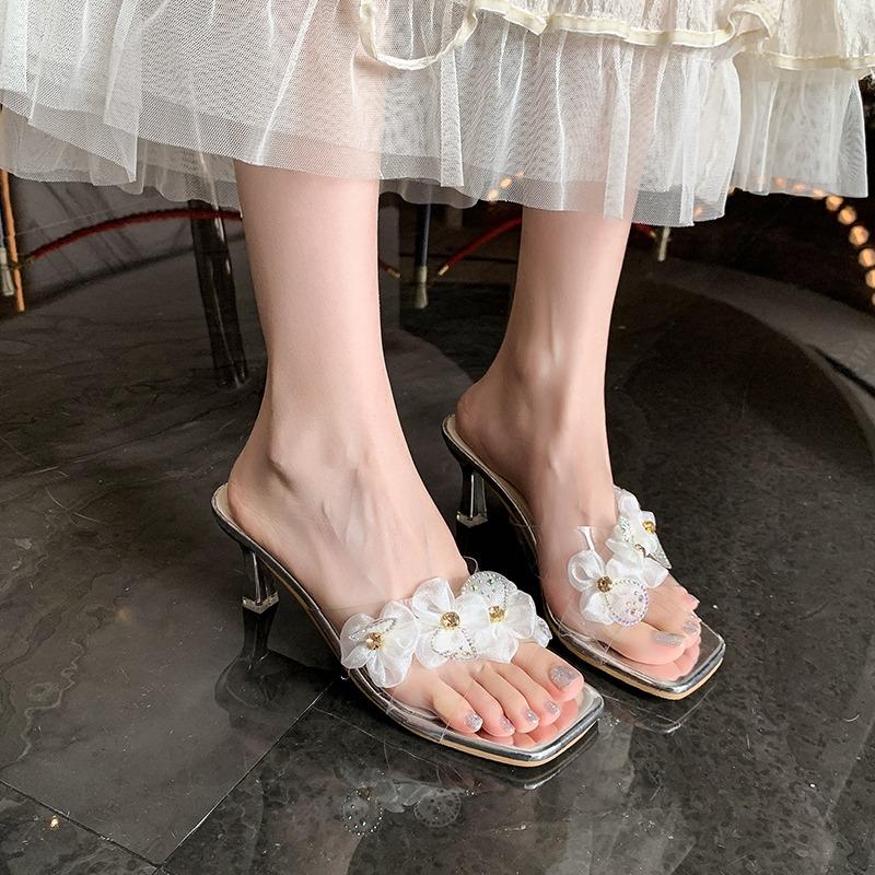 Fashion Clear Heel Mesh Floral Sandals Women Elegant High Heels White Party Wedding Shoes Woman Slip on Casual Slippers Sandalias Mujer