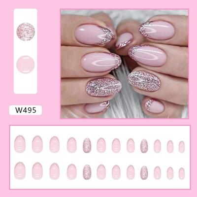 24 Piezas Uñas Postizas Almendra Brillantes Cortas Completamente Terminadas Cabeza Redonda Uñas Falsas para Mujeres Estilo Francés Cubierta Completa Puntas de Uñas a Presión