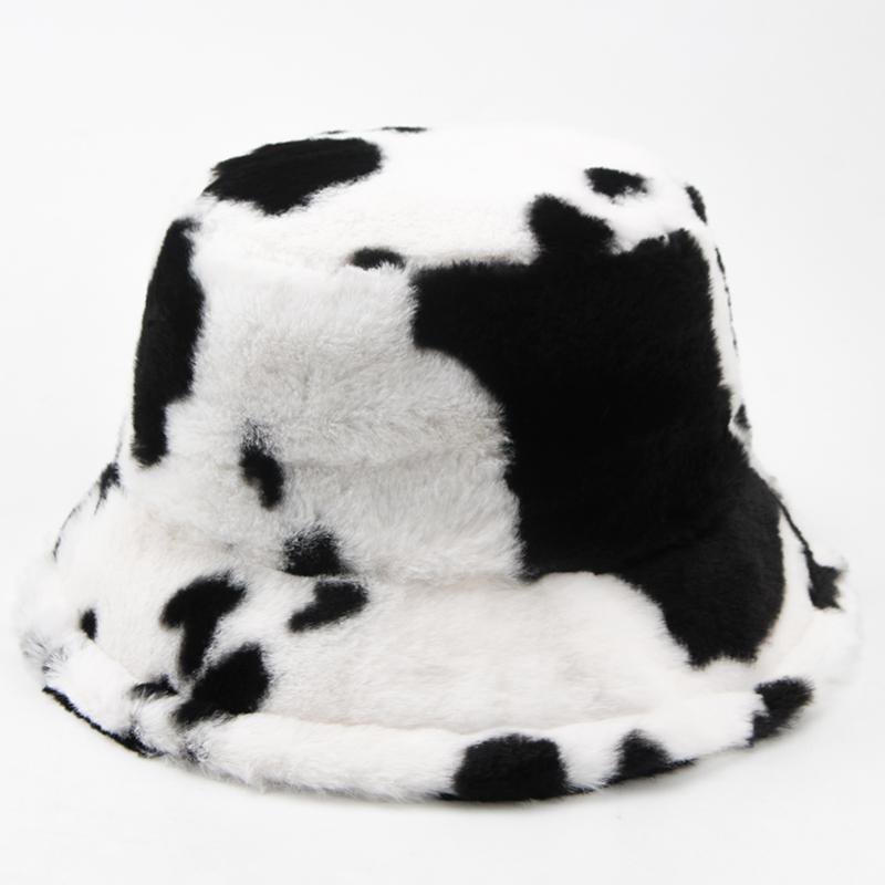 CNTANG New 2024 Women Bucket Hat Autumn And Winter Warm Cow Print Plush Fashion Panama Casual Hats For Ladies Fisherman Caps