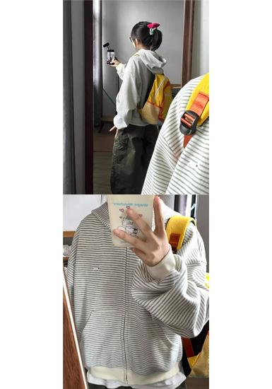 2025 American Style Grey & White Striped Hoodie Cardigan - Loose Fit, Lazy Design