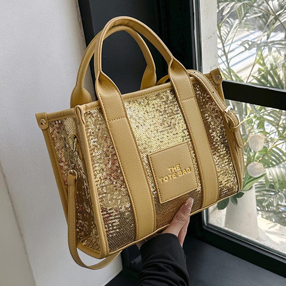 Women Party Tote Bag PU Leather Sequins Top-Handle Bags Casual Fashion Shiny Portable Adjustable Straps Shopper Tote Purse