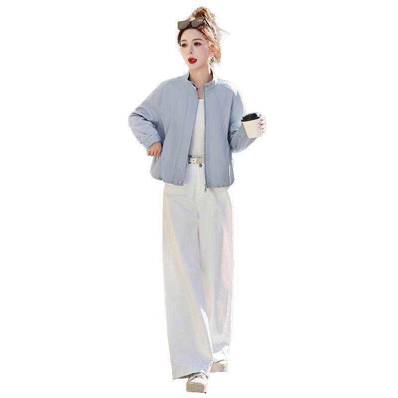 2025 Spring Women's Solid Color Loose PU Leather Stand Collar Jacket Coat Z8805