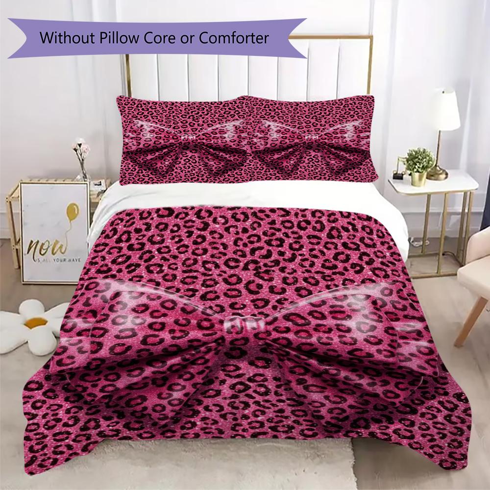 Leopard Print Bow Pattern Bedding uilt Set uilt Cover Pillowcase Home Decoration Birthday Gift (1 * duvet cover + 2 * pillowcase without core)16