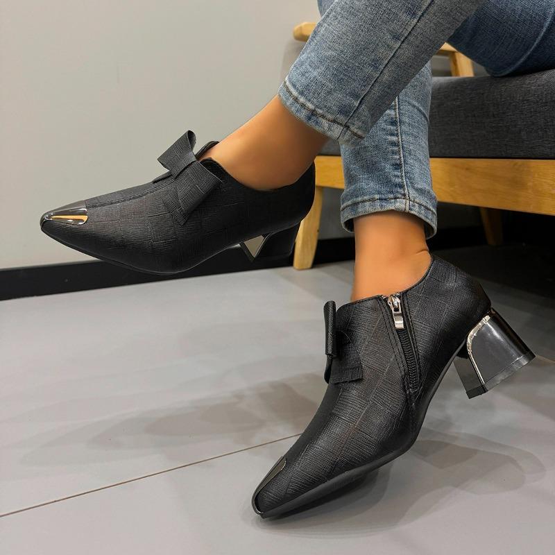 Fashion Soft Leather Block Heel Deep Mouth Single Shoes Women's Pointed Toe Deep Mouth Soft Sole Casual Side Zipper Kitten Heel Shoes