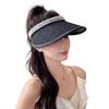 Women's Summer UV Protection Topless Sun Hat with Pearls - Black Rubber Wide Brim