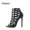 Eilyken 2023 modne czarne nitowe letnie sandały damskie Zipper Peep Toe szpilki pasek na kostkę drążą buty GLADIATOR