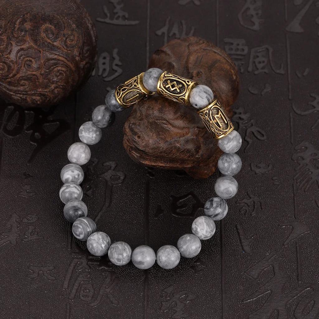 Classic Gold Vikings Runes Bracelet 8Mm Lava Stone Handmade Elastic Jewelry for Women Men