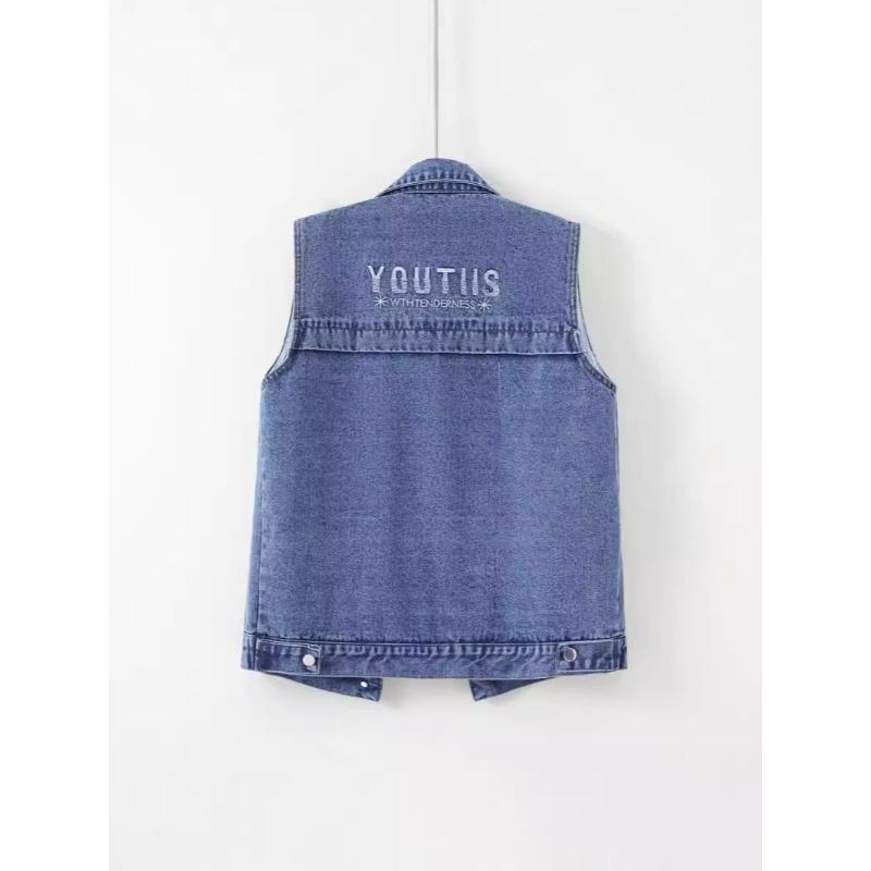 Chaleco de Mezclilla para Mujer de Longitud Media Versión Coreana de Primavera y Otoño Holgado Bordado con Parches Chaqueta sin Mangas Cárdigan Delgado Top