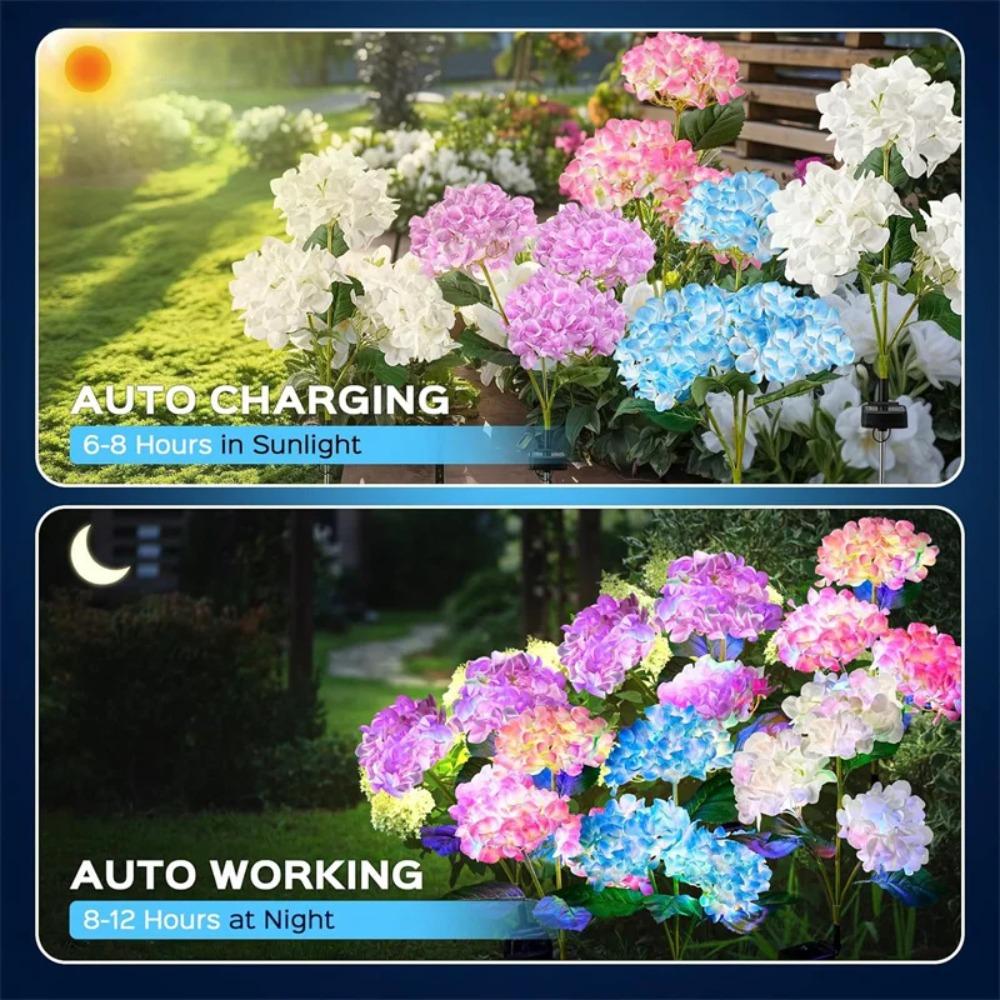 Solar 3 Heads Hydrangea Ground Lamps Outdoor Simulation LED Flower Stake Lights Waterproof Garden Party Decor