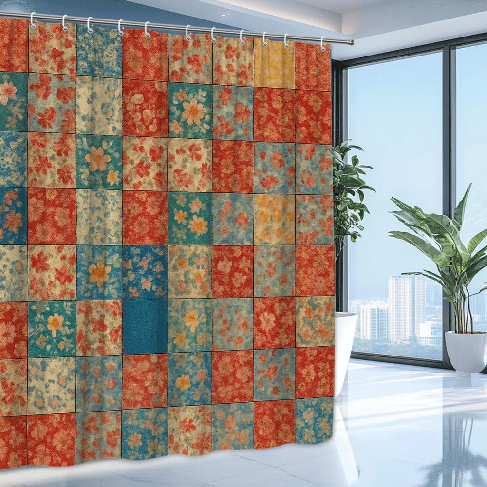 Retro Patchwork Floral Shower Curtain Vintage Color Blocks With Flowers Boho Style Bathroom Decor Waterproof Quick Setup